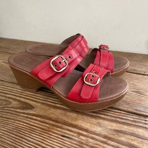 Dansko | Red Leather Slip On Jessie Heeled Wedge Clog Brass Buckle Sandals 37